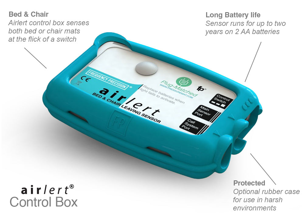 Diagram illustrating the blue Airlert control box which serves as a bed and chair leaving sensor