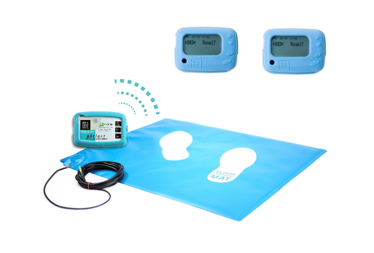 Wireless Floor Pressure Mat besides two wireless control boxes