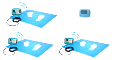 Three wireless floor pressure mats positioned next to a single wireless control box