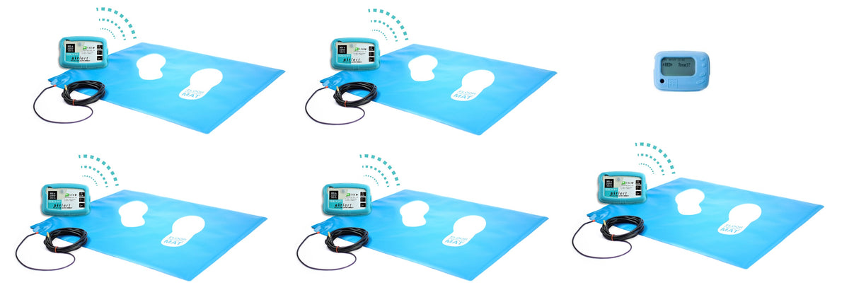 Multiple blue wireless floor pressure mats on display