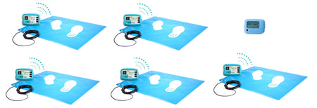 Multiple blue wireless floor pressure mats on display