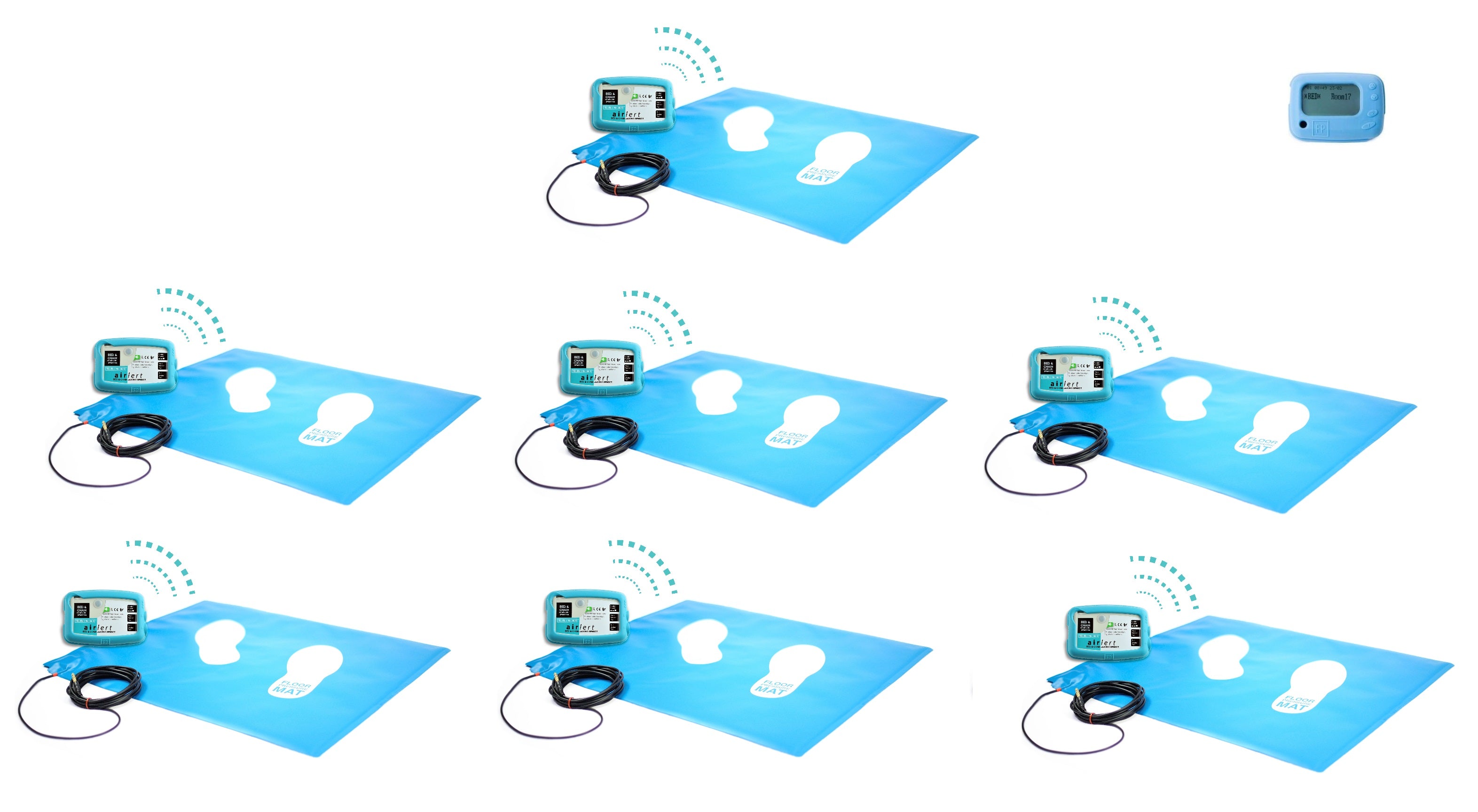 Seven wireless floor pressure mats positioned next to a singular wireless control box