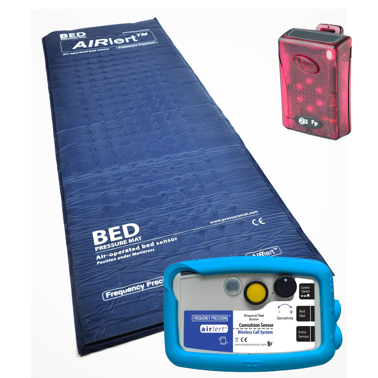 Product photo featuring a wireless convulsion sensor mat and pager set