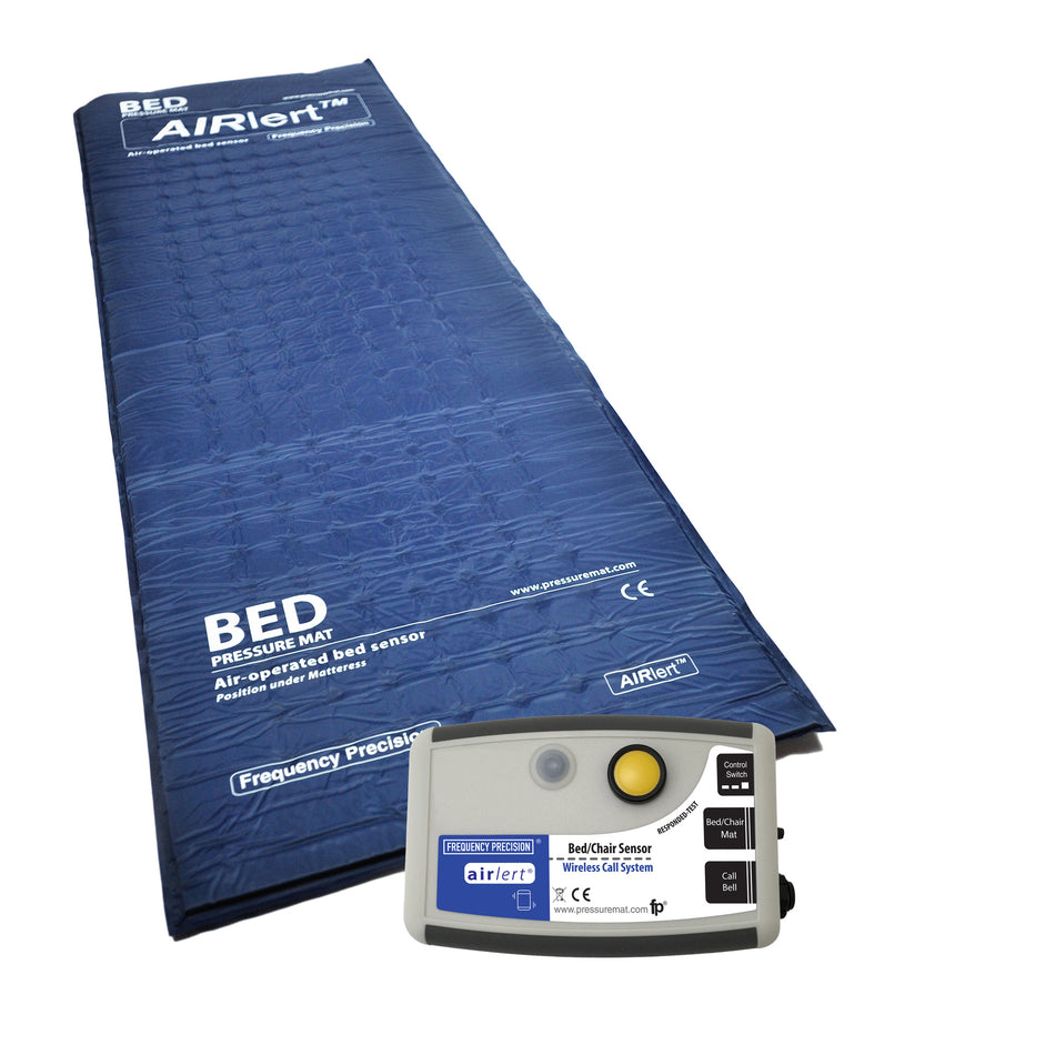 Product photo showing a Wireless Bed Pressure Mat, accompanied by a sensor control box for chairs
