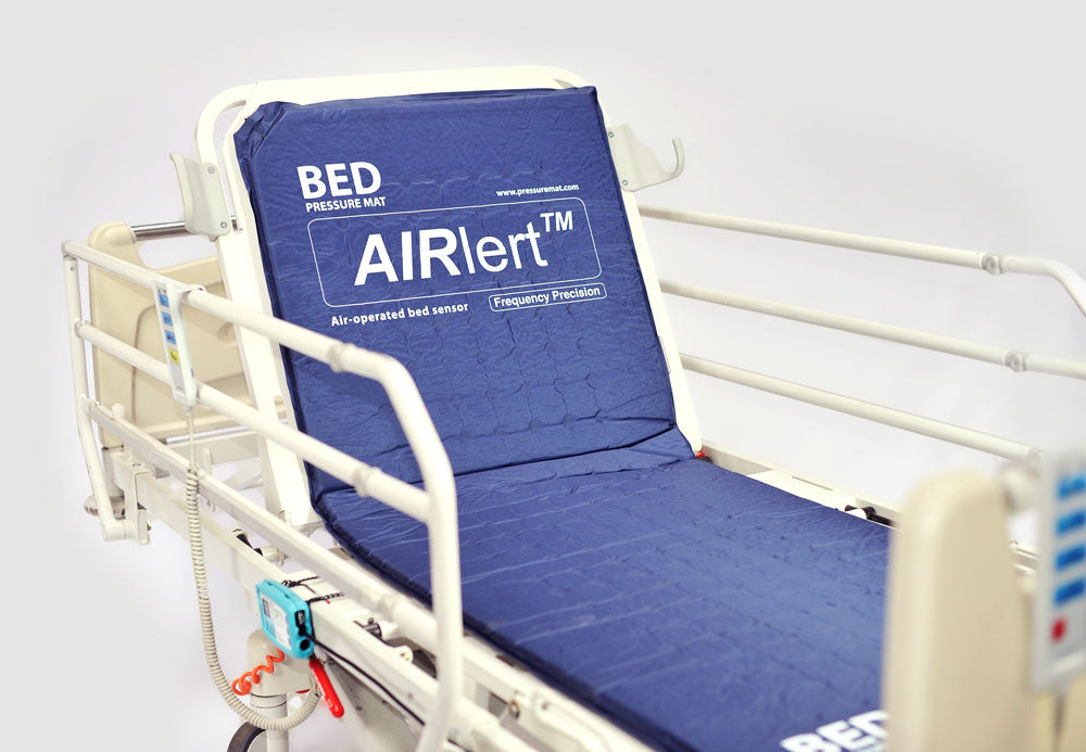 An upright blue Airlert bed