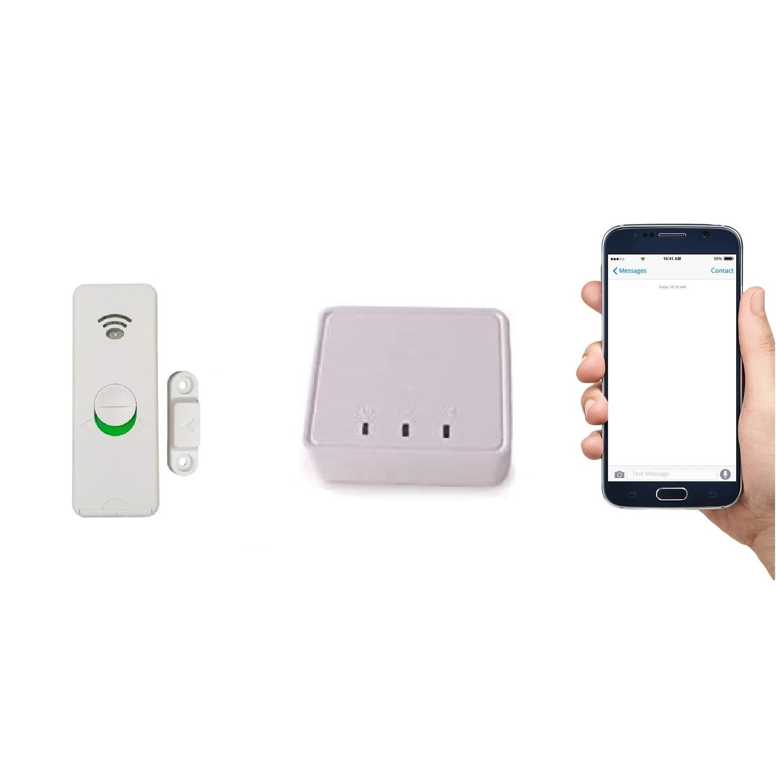 A door sensor positioned alongside a mobile phone, receiving an alert