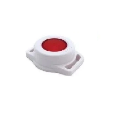 Image of a wireless call button, white in colour, with a prominent red button on top