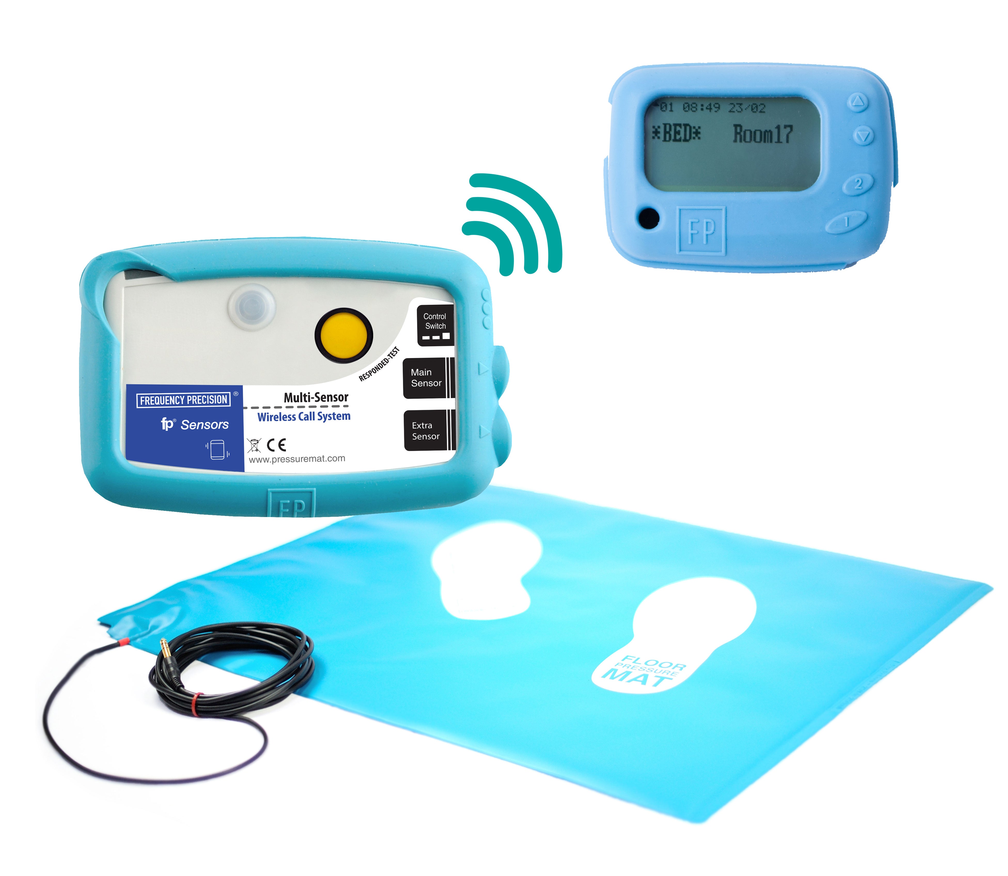 Product photo showcasing a wireless floor pressure mat, accompanied by a control box and pager, all in blue colour