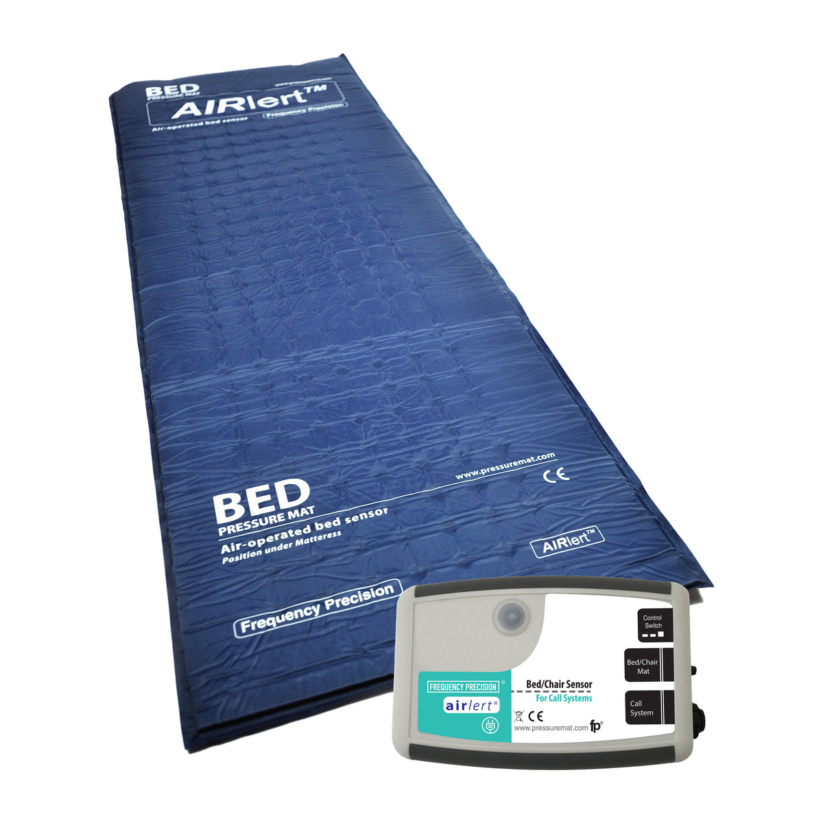 Product image of a Bed Pressure Mat for Nurse Call Systems, featuring a pressure-sensitive mat with a blue cover and a bed sensor pack