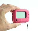 Hand holding a red text pager