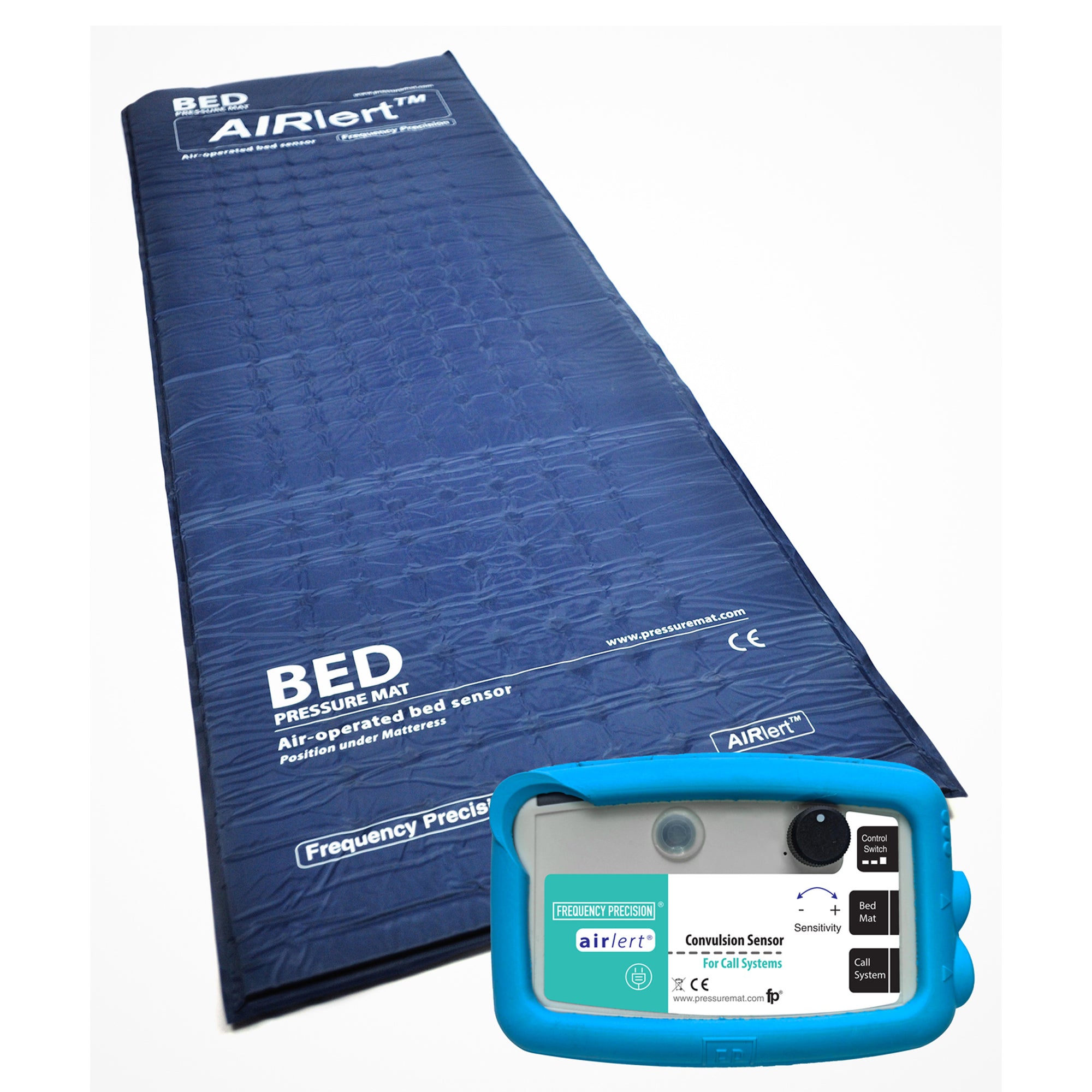 A blue bed pressure mat, alongside a convulsion sensor
