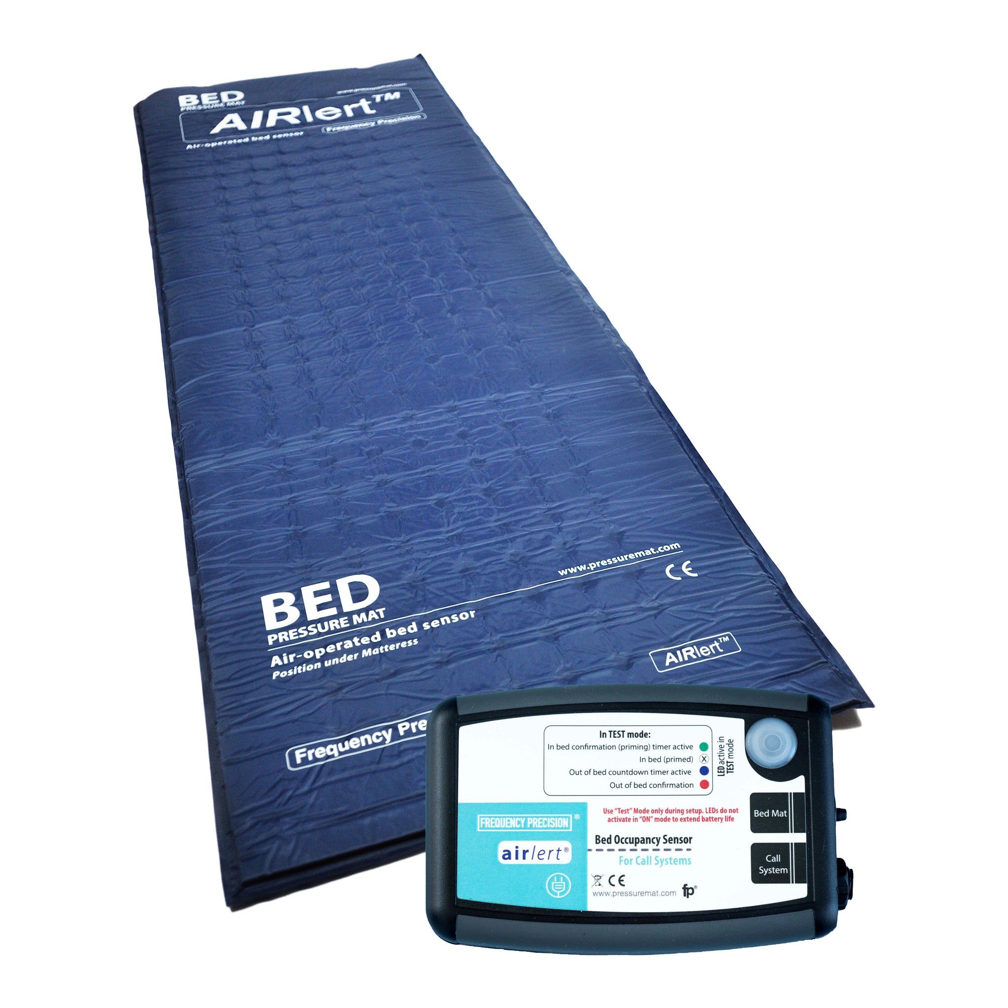 Product photo featuring a bed occupancy sensor alongside an air-operated bed sensor