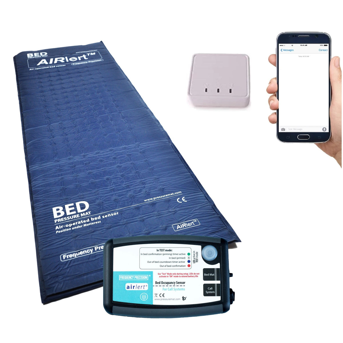 A product photo of the Wireless Bed Pressure Mat &amp; Pager set, with a person holding a phone