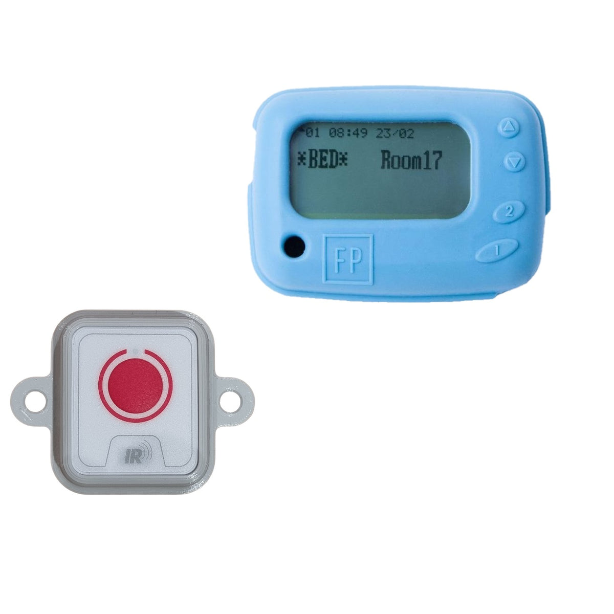 Wireless Paging System product photo showcasing a blue electronic device alongside a smaller device with a red button