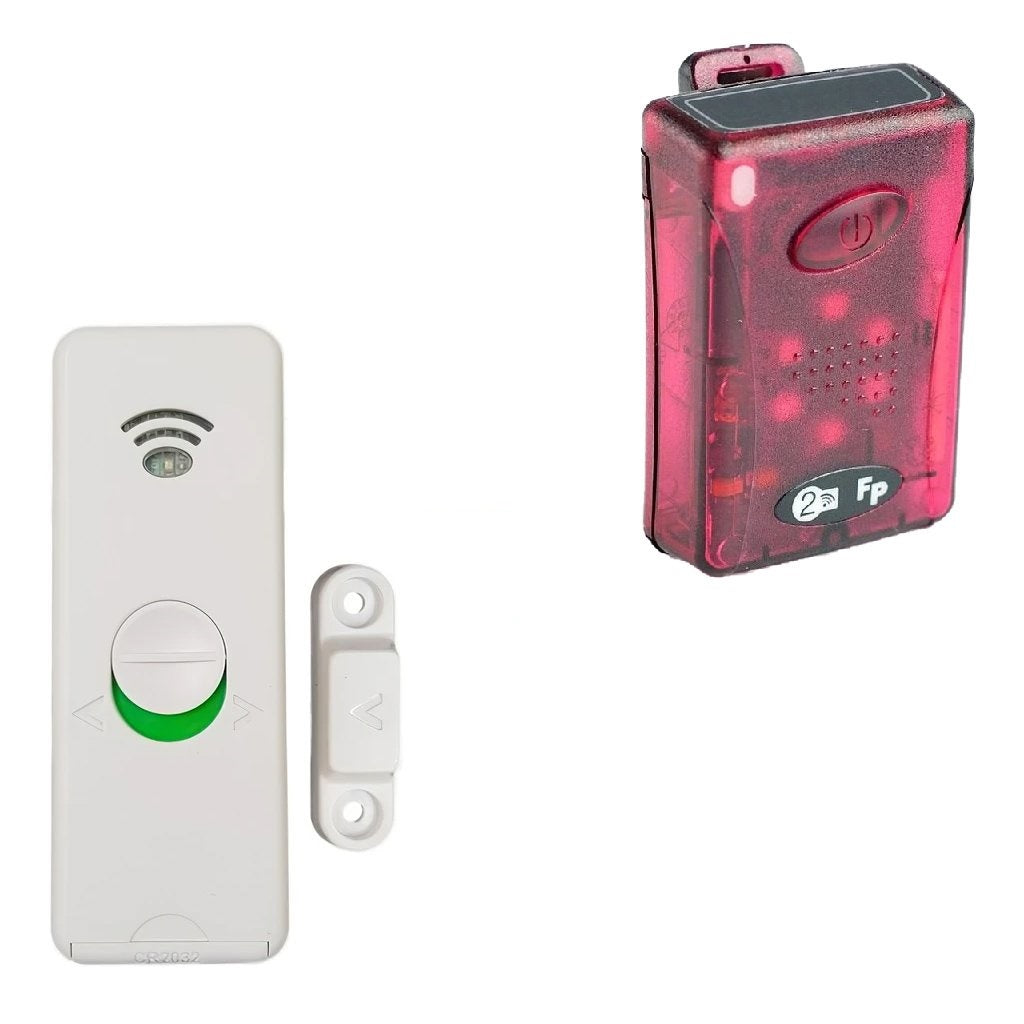 Product photo showcasing a Door Sensor and Bleeper Pager Set featuring a red bleeper pager and a door sensor equipped with a battery