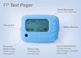 Diagram of blue FP Text Pager, explaining features