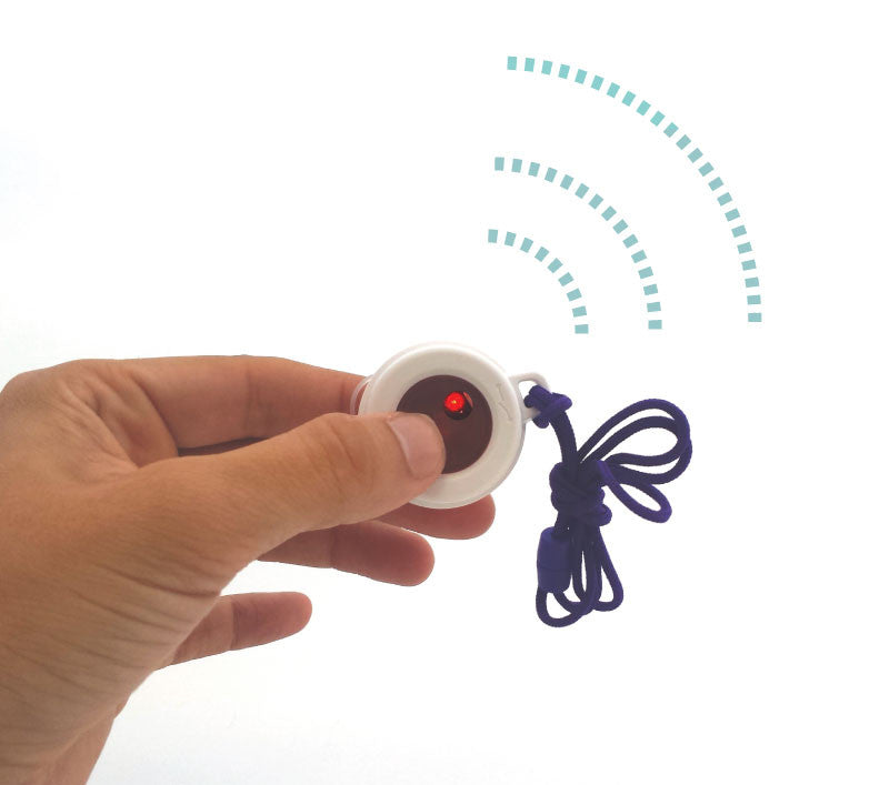 Finger pressing and activating a wireless call button