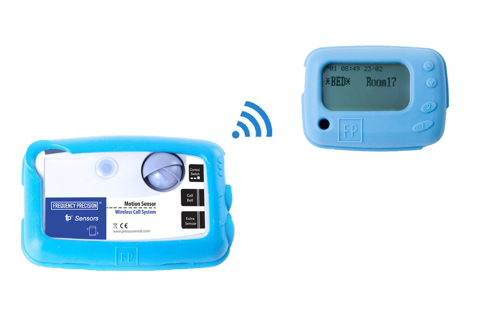 Wireless call system featuring a motion sensor activating a blue pager