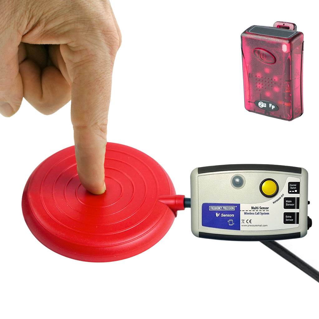 Product photo featuring the Easy Press Touch Sensitive Button & Pager Set, with a finger touching the red test button