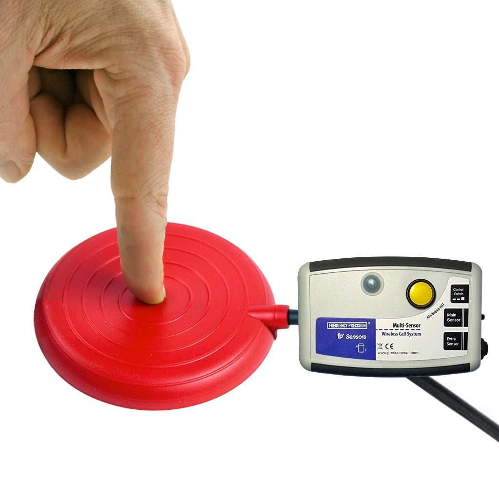 Product image showcasing Wireless Easy Press Call Buttons, with a finger touching a red button