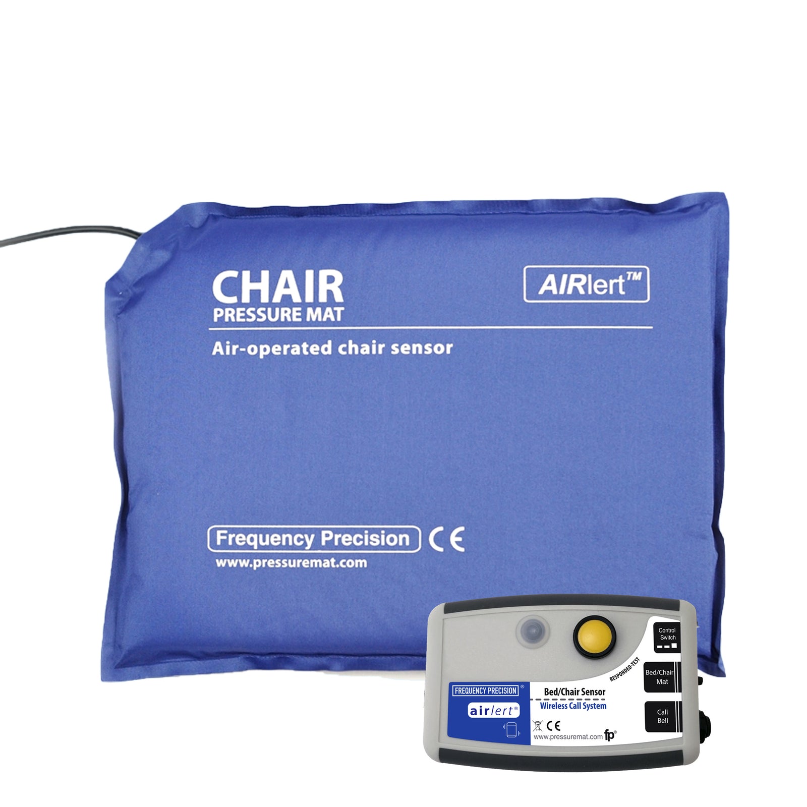 Product photo showcasing wireless chair pressure mats with integrated sensors and a wireless call system